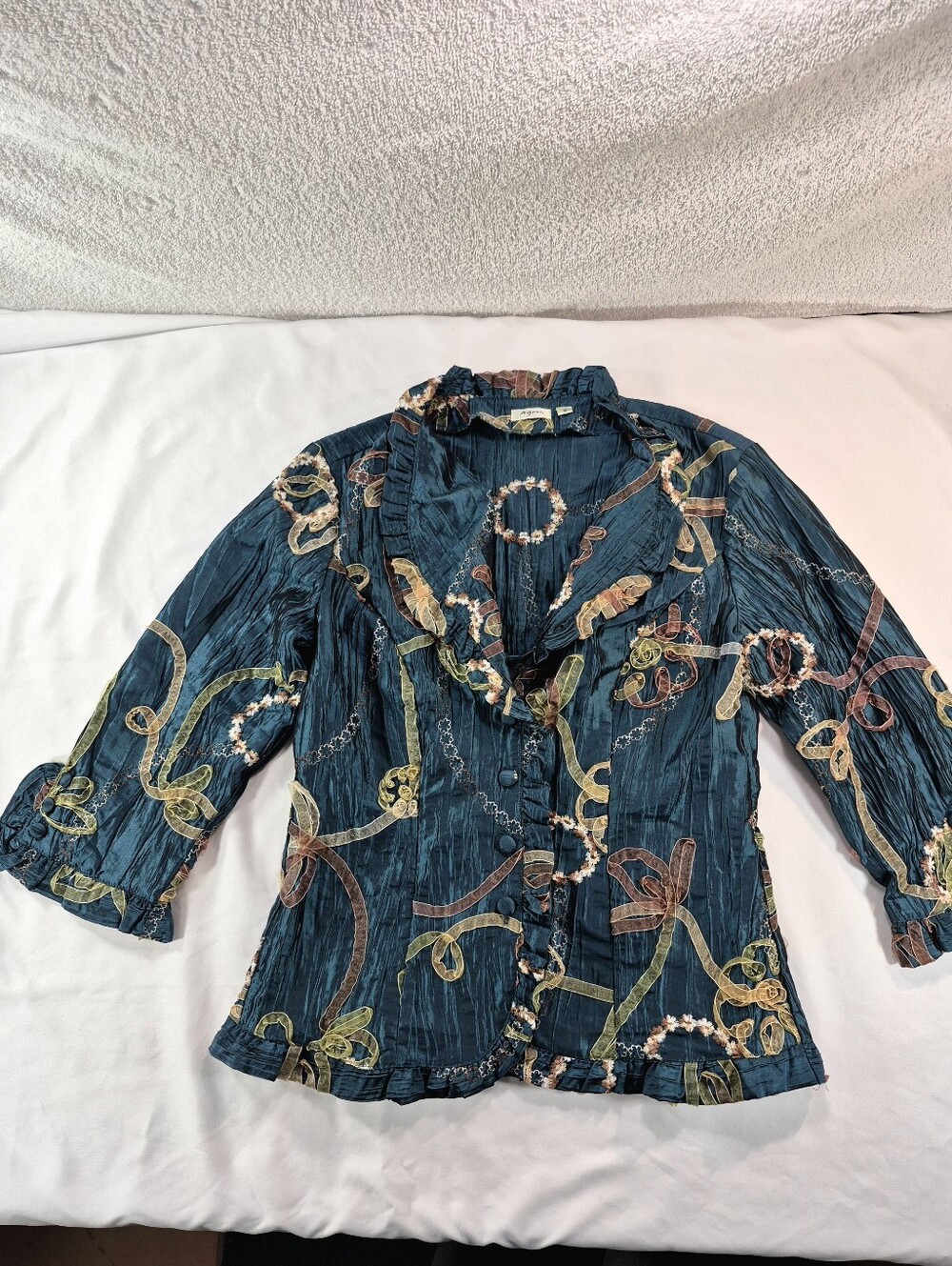 NWOT Agora Whimsy Teal Crinkle Ruffle Ribbon Applique Blouse Jacket S Whimsygoth - Picture 4 of 10